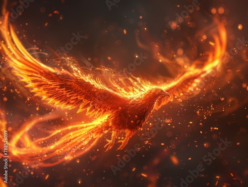 A phoenix rising from the ashes with a fiery background