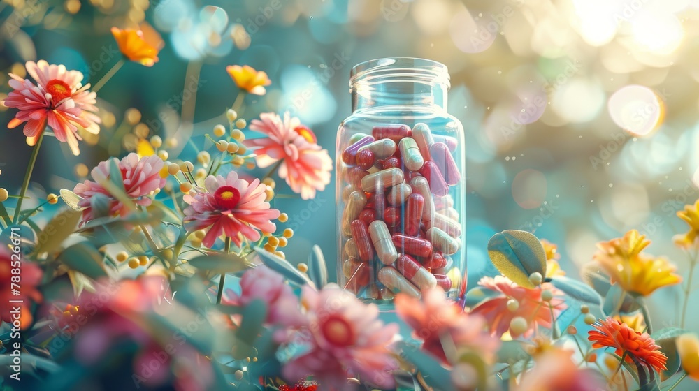Close-up of a glass jar filled with pills and capsules surrounded by a variety of colorful flowers. Close-up of a glass jar filled with pills and capsules surrounded by a variety of colorful flowers.