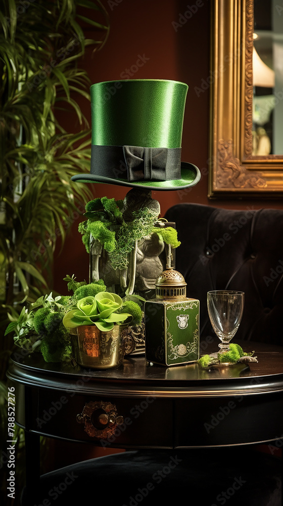A lush green top hat adorning a glossy green table,