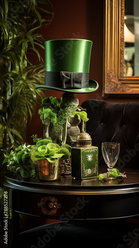 A lush green top hat adorning a glossy green table,
