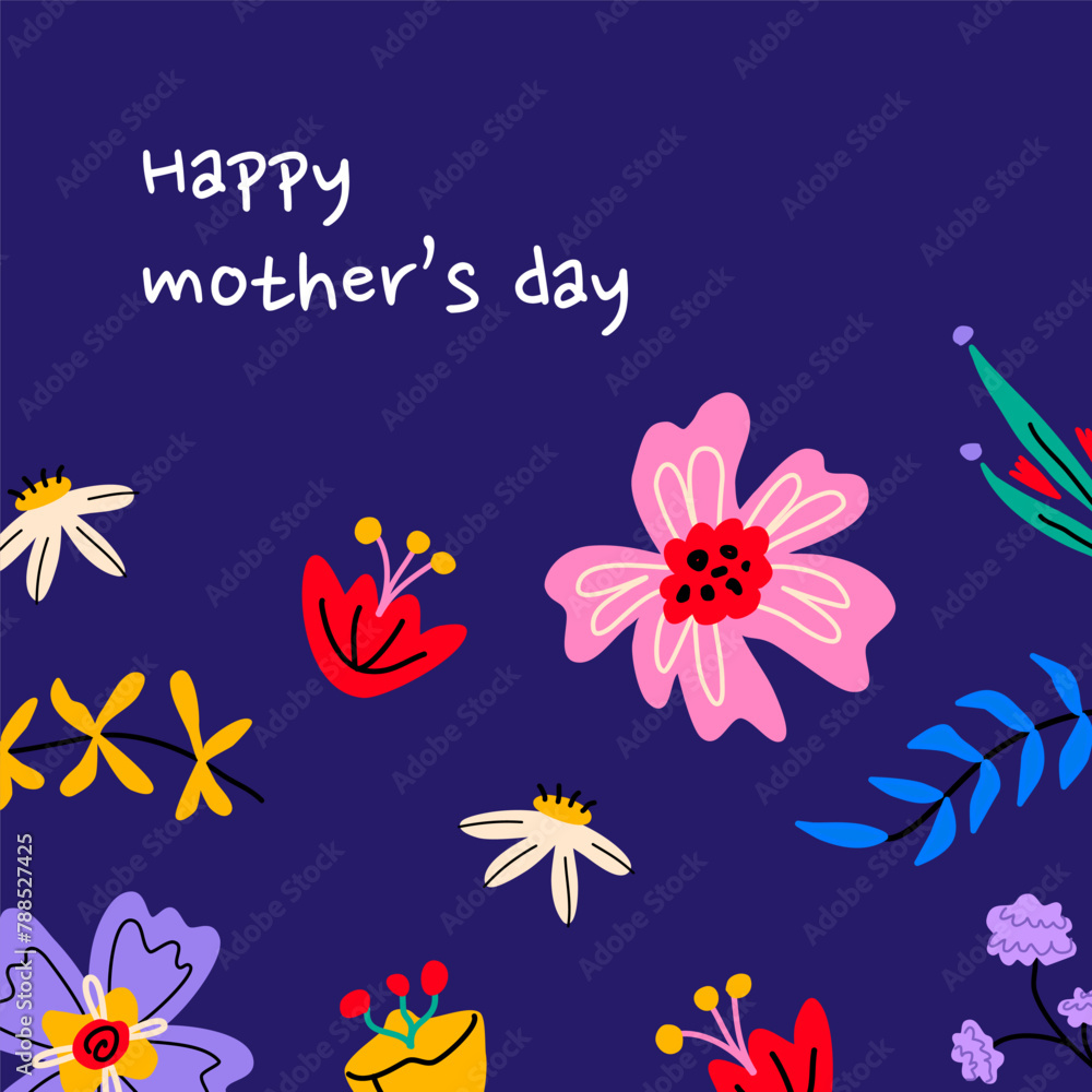 Happy Mothers day. Colorful bold abstract flowers. Flat vector illustration. Design templates for postcard, banner, poster.