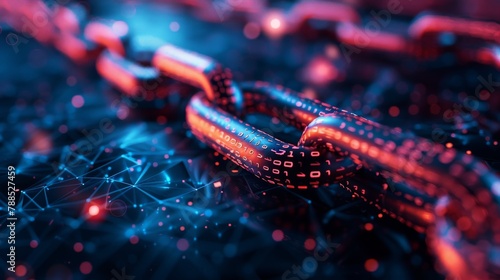 A glowing red and blue metal chain with binary code on the links. photo