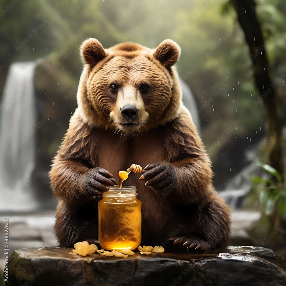 A cute bear  eating honey from a jaw with his paw, Cute Bear drinking honey