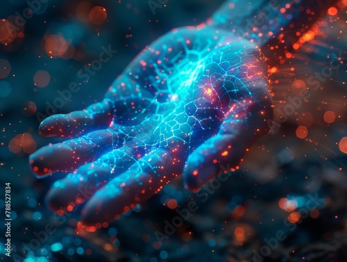 A glowing blue and red hand made of digital particles photo