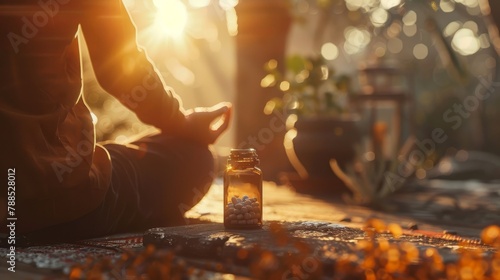 A person meditating in a peaceful setting with a jar of pills in front of them. The sun is setting and the sky is a warm orange color. photo