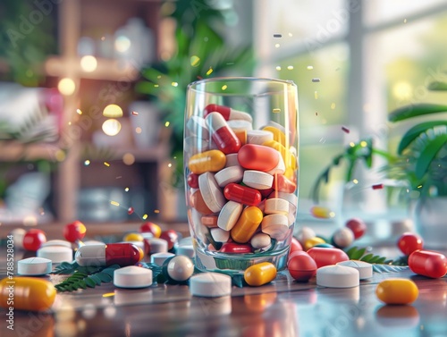 A glass half full of pills on a table with pills scattered around it. There is a plant in the background and the background is blurry. photo