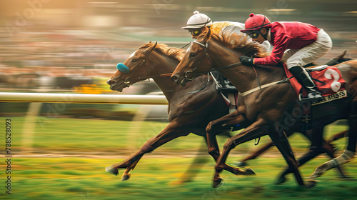 Horse Racing Scene with Multiple Jockeys and Horses Mid-Race