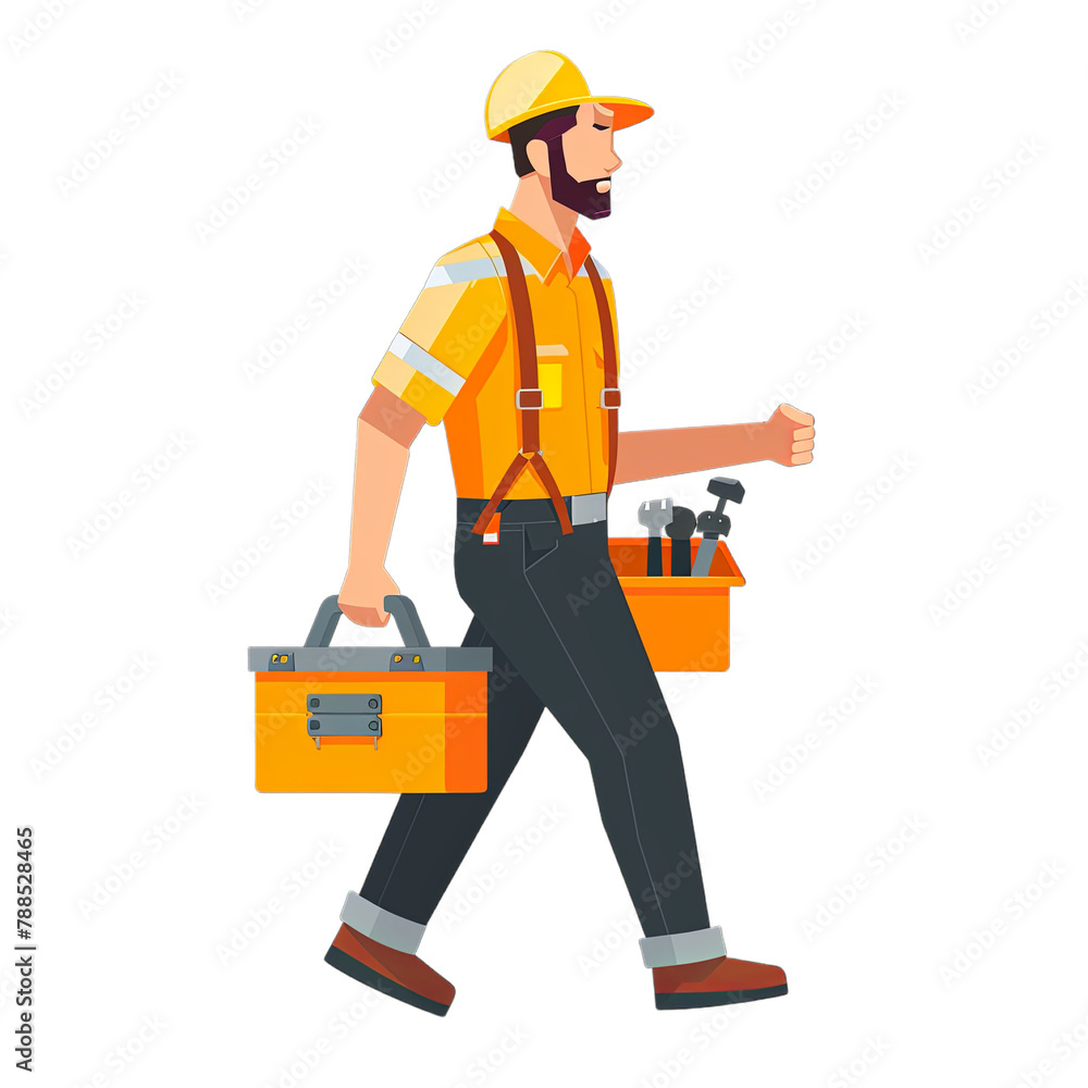An illustration of a determined construction worker holding a toolbox and a hammer., PNG, icon