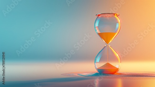 An hourglass timer with orange sand on a blue and pink background.