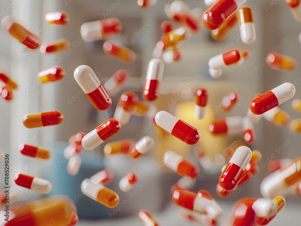 A lot of red and white pills are falling down in a house A lot of red and white pills are falling down in a house