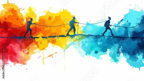 Three people walking on a rope bridge over a chasm. The background is a watercolor painting of a rainbow. photo
