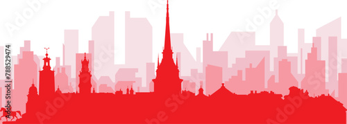 Red panoramic city skyline poster with reddish misty transparent background buildings of STOCKHOLM, SWEDEN
