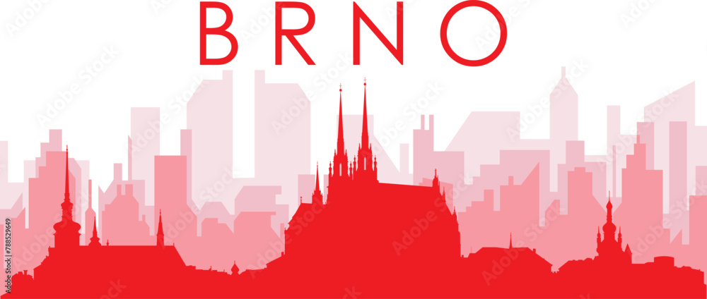 Red panoramic city skyline poster with reddish misty transparent background buildings of BRNO, CZECH REPUBLIC