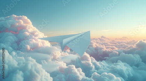 A paper plane flies through the clouds.