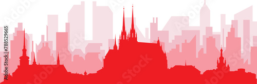 Red panoramic city skyline poster with reddish misty transparent background buildings of BRNO, CZECH REPUBLIC