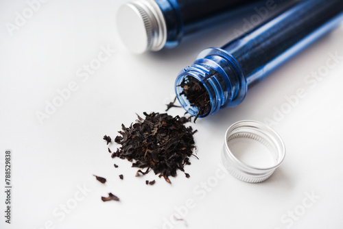 Two blue plastic flasks with a shiny lid. Flasks with tea inside.