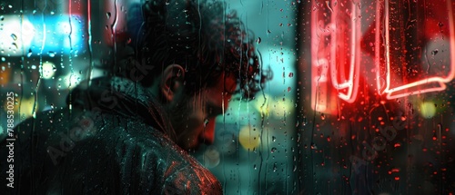A neo-noir scene featuring an AI scientist investigating AI-driven crimes, their face illuminated by the light of a neon sign flickering outside a rain-soaked window