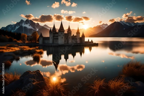 a celestial citadel mirrored in a crystal-clear lake, its grandeur reflected as the sun sets behind distant mountains.