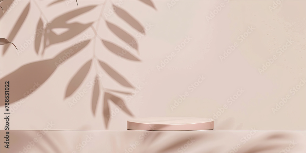Background for a product in 3D style. Stand on a pink background, illuminated by sunlight. Shadow from a palm tree branch.
Background for a product in 3D style. Stand on a pink background, illuminated by sunlight. Shadow from a palm tree branch.