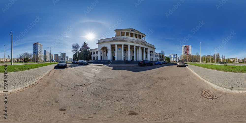 hdri panorama 360 near historical building with columns with parking among skyscrapers of residential quarter complex in full equirectangular seamless spherical projection - obrazy, fototapety, plakaty 