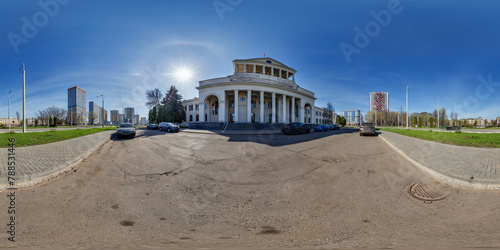 hdri panorama 360 near historical building with columns with parking among skyscrapers of residential quarter complex in full equirectangular seamless spherical projection