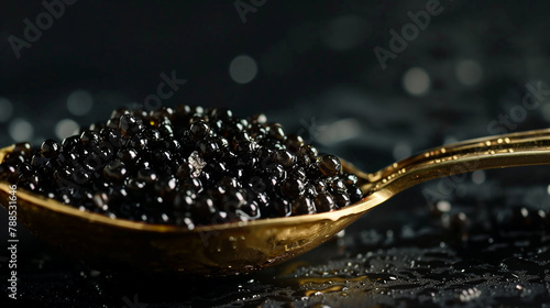 Metal spoon and close up black caviar