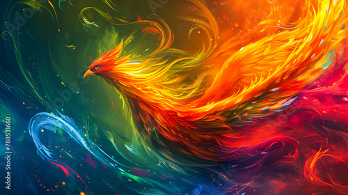 background of a rainbow phoenix bird flying in a sky full of clouds. 3D rendering. Rainbow Phoenix wallpaper	