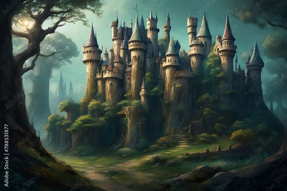 a whimsical castle on the edge of a mystical forest, its spires blending with the ancient trees.