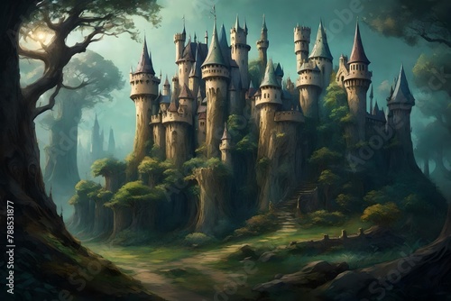 a whimsical castle on the edge of a mystical forest  its spires blending with the ancient trees.