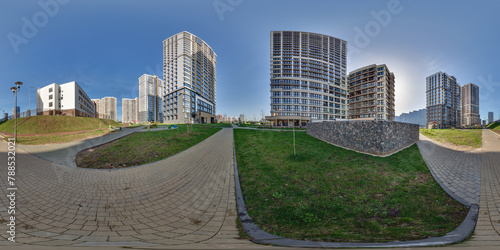 hdri panorama 360 near skyscraper multistory buildings of residential quarter complex in full equirectangular seamless spherical projection