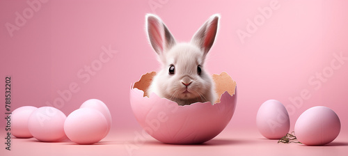 Cute easter bunny hatching from pink easter egg, isolated on pastel pink background 