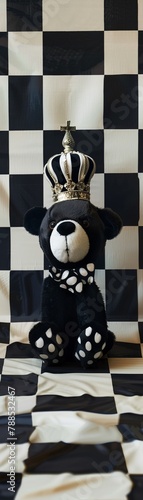 A plush toy wearing a crown, set against a black and white seamless pattern, symbolizing luxury in playfulness, professional color grading, photo