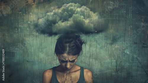 A woman with a ponytail is standing in the rain with a cloud above her head. Concept of sadness and loneliness, as the woman is alone in the rain