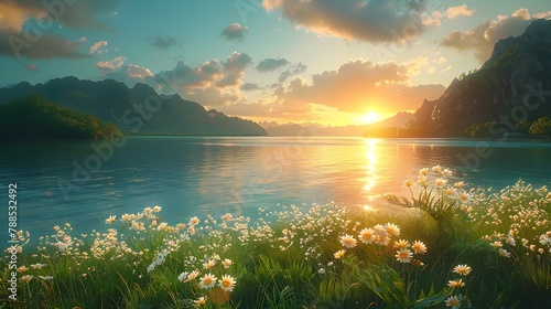 Beautiful Sunset Over a Lake and Mountains with Wildflowers