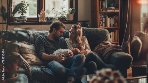A family of three, a man, a woman and a baby, are sitting on a couch photo