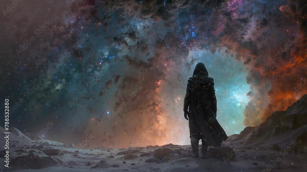 A man in front of a space portal defies the laws of time and space. Concept of time travel, space exploration, science fiction, futuristic adventure A man in front of a space portal defies the laws of time and space. Concept of time travel, space exploration, science fiction, futuristic adventure