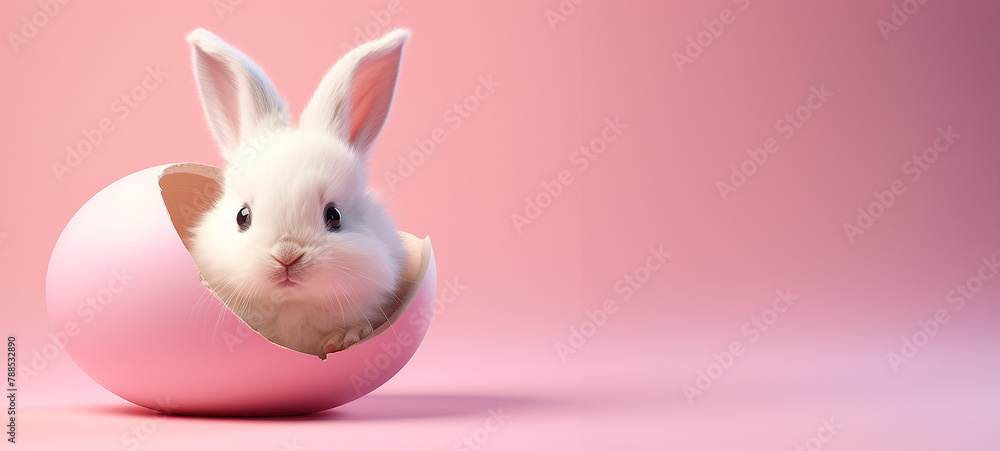 Obraz premium Cute easter bunny hatching from pink easter egg, isolated on pastel pink background 
