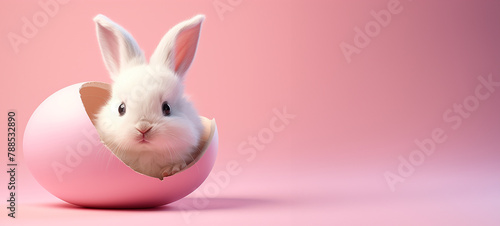Cute easter bunny hatching from pink easter egg, isolated on pastel pink background  © Birol Dincer 