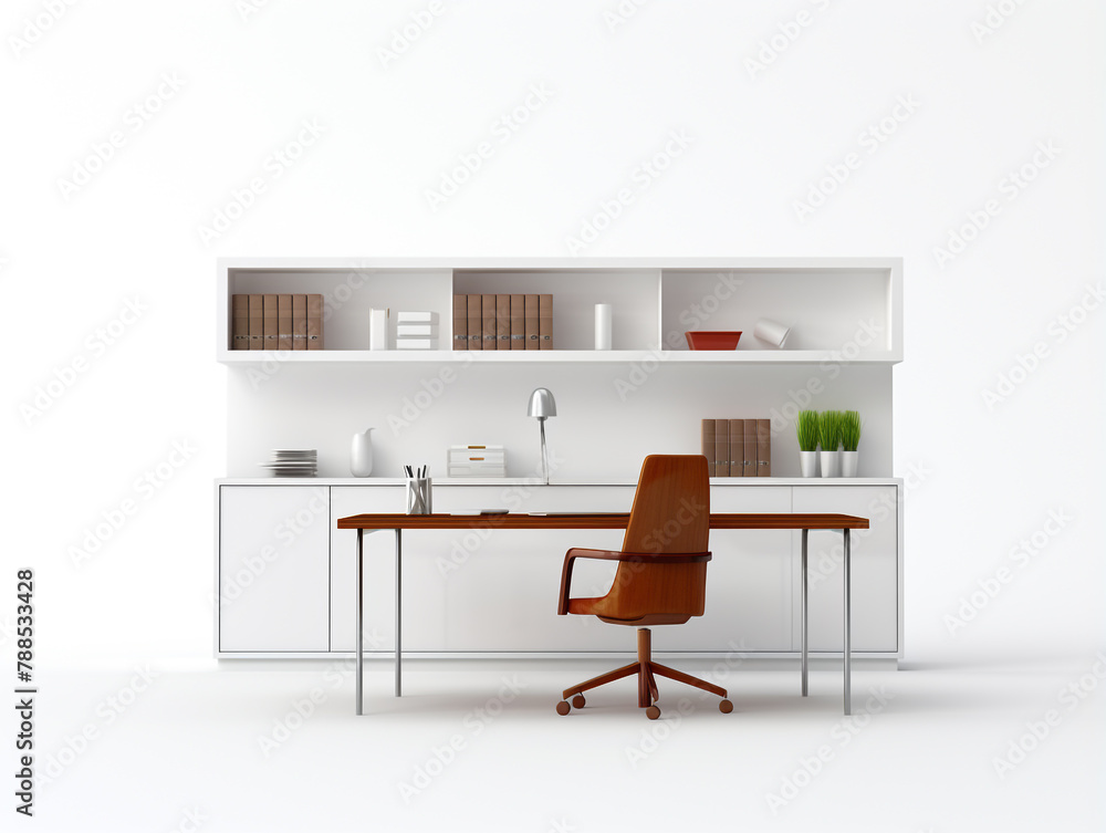 3d illustration of an office workstation complete with desk and chair and other facilities. Isolated on white background. 3d illustration of an office workstation complete with desk and chair and other facilities. Isolated on white background.