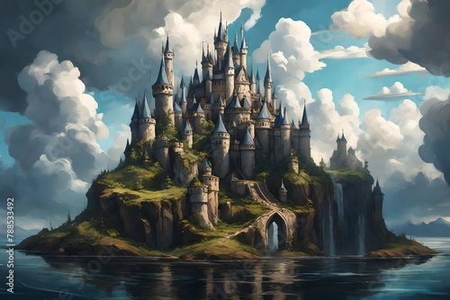 a fantasy castle on a floating island, with clouds swirling around its majestic spires.