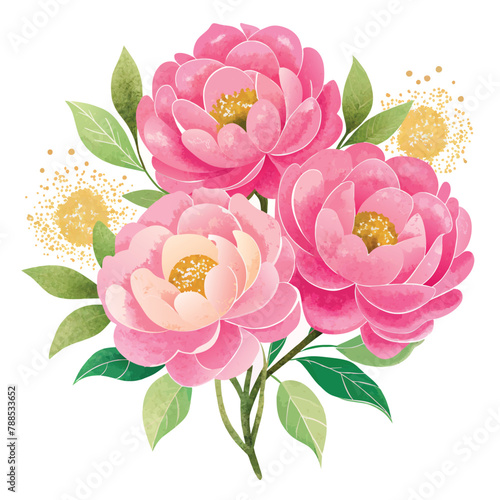 A bouquet of pink peons peony flowers with gold accents. The flowers are arranged in a way that they look like they are in a vase. Scene is one of elegance and sophistication