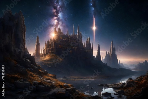 a celestial castle bathed in the glow of a comet  its towers aglow with cosmic radiance.