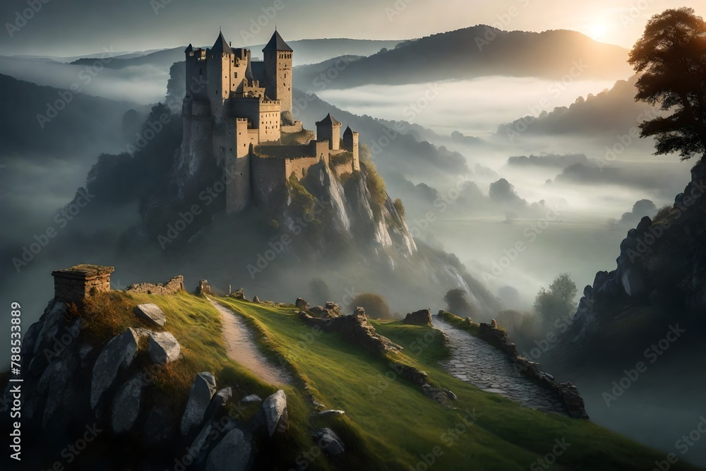 a picturesque castle scene in a misty valley, where ancient stones tell tales of history.