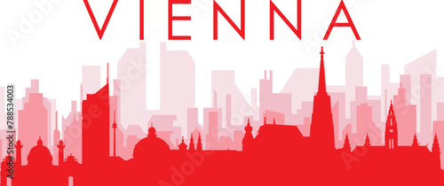 Red panoramic city skyline poster with reddish misty transparent background buildings of VIENNA  AUSTRIA