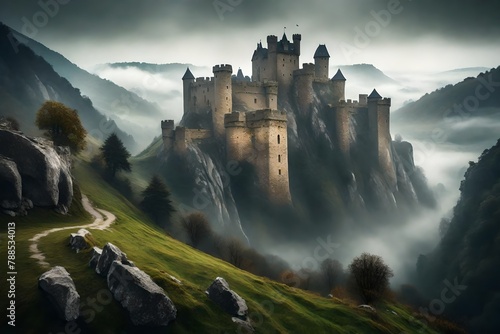 a picturesque castle scene in a misty valley, where ancient stones tell tales of history. photo