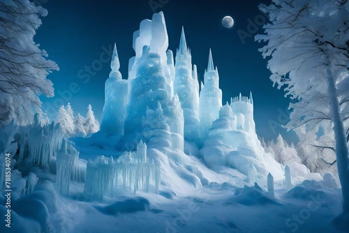 an ice fortress in a winter wonderland, where the soft glow of moonlight highlights the intricate patterns of its frosty towers.
