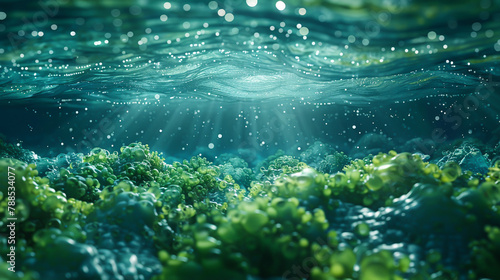 Surface of the water a 3D spectacle unfolds as green energy molecules activate sparking a revolution in how humanity powers its future. Generative ai. photo