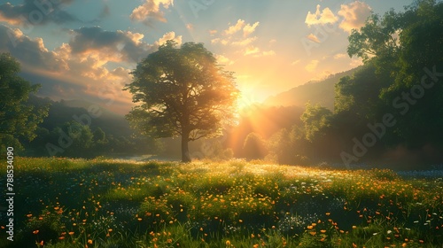 Sunlit Fantasy Landscape with Dreamlike Trees