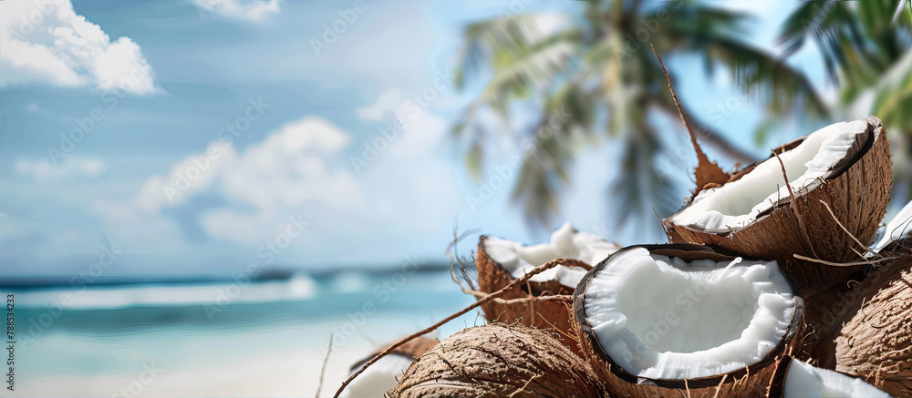 Coconuts against the background of the turquoise sea and palm trees
Coconuts against the background of the turquoise sea and palm trees