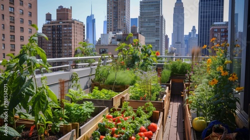 Rooftop Garden. A green thriving urban rooftop garden on the heart of the city commercial building, exemplifying sustainable architecture and urban farming for improved air quality and food production